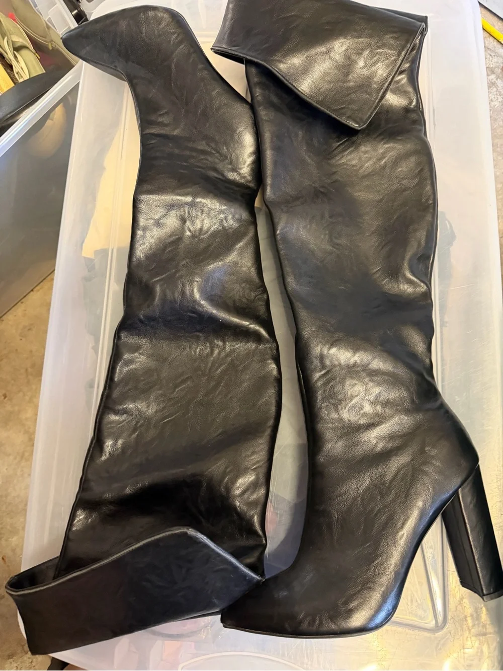 Black Over-the-Knee Fold-Over Cuff Pointed-Toe Block Heel Boots